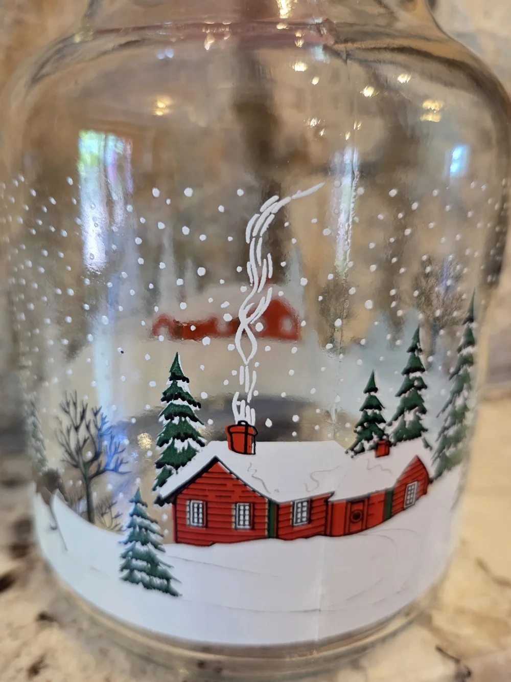 Vtg KIG Christmas Juice Carafe Pitcher Winter Wonderland Sleigh Cabin Red Lid